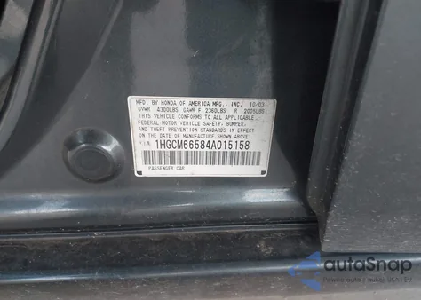 2004 Honda Accord 3.0 Ex из США, поврежденный, VIN 1HGCM66584A015158